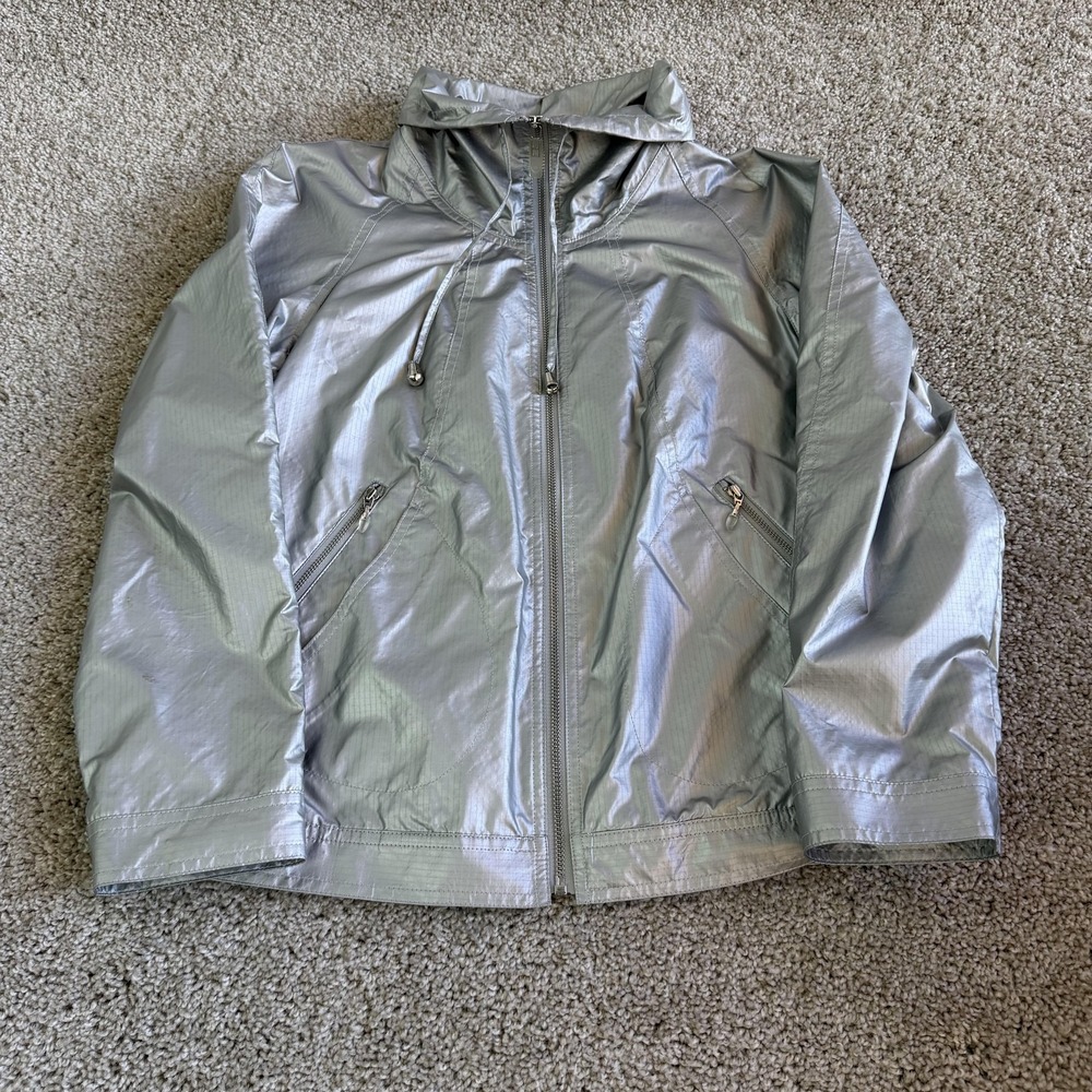 Zenergy Chico's Windbreaker Jacket Womens 1 Silver Hooded Full Zip Lightweight